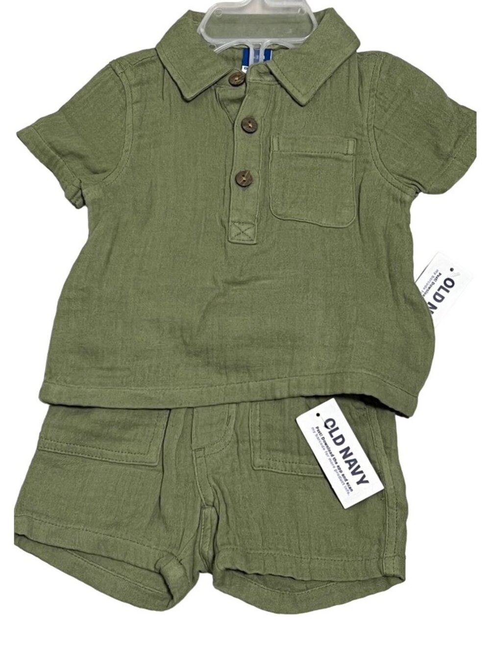 Old Navy 0-3m NWT olive green 2pc shorts set collared shirt cotton gauze